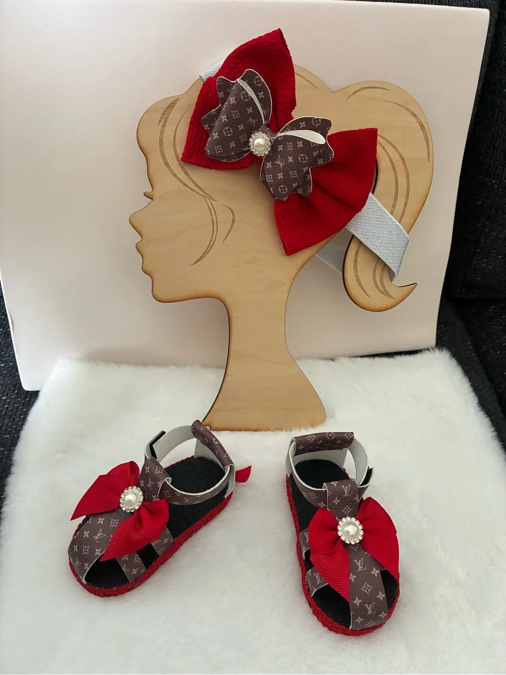 NATURAL LIFE Blue Floral Baby Shoes with Gold Accents and Headband